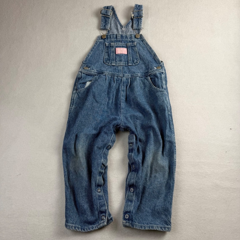 OshKosh B'gosh Kids Blue Denim Overalls Medium Wash Pink Label Snap Inseam